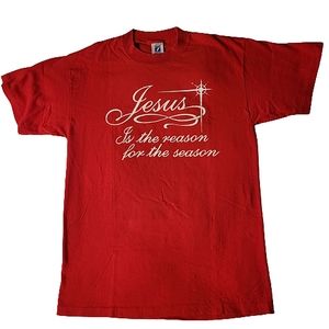 Logo 7 women's red graphic t-shirt w/"Jesus is the reason for the season" size L